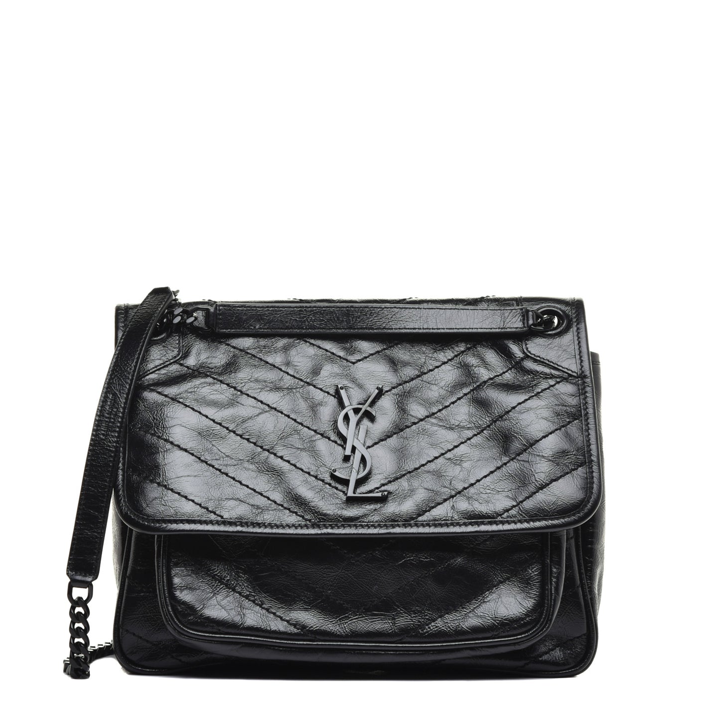 Crinkled Calfskin Matelasse Monogram Medium Niki Chain Satchel Black