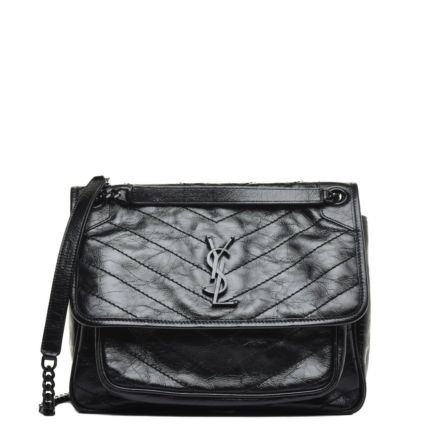 Saint Laurent Crinkled Calfskin Matelasse Monogram Medium Niki Chain Satchel Black 1 of 8