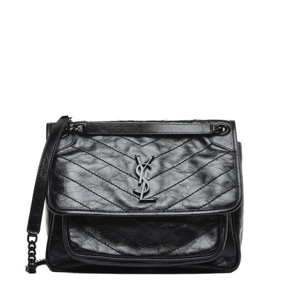 Saint Laurent Crinkled Calfskin Matelasse Monogram Medium Niki Chain Satchel Black 1 of 8