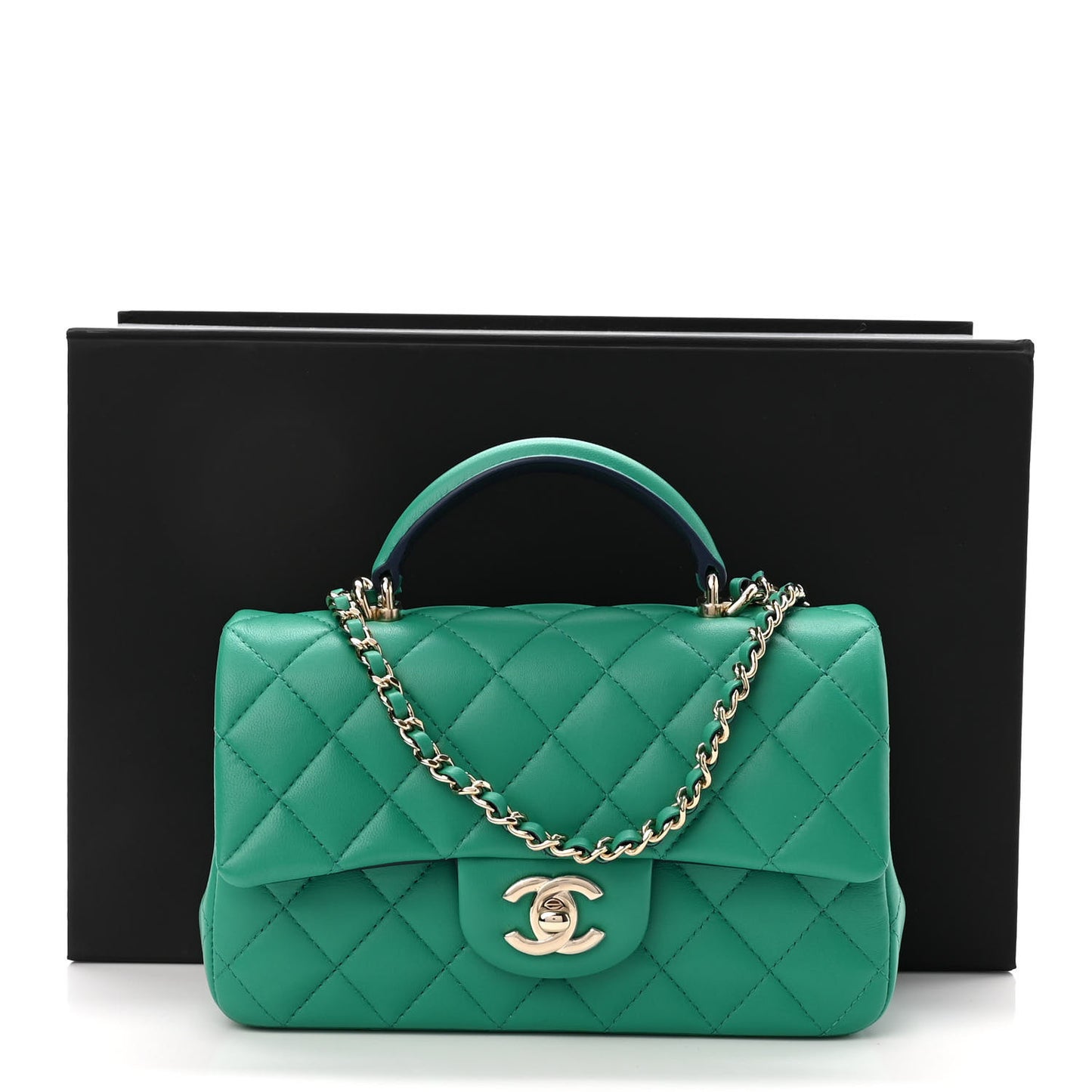 Lambskin Quilted Bi-Color Mini Top Handle Rectangular Flap Green Dark Blue