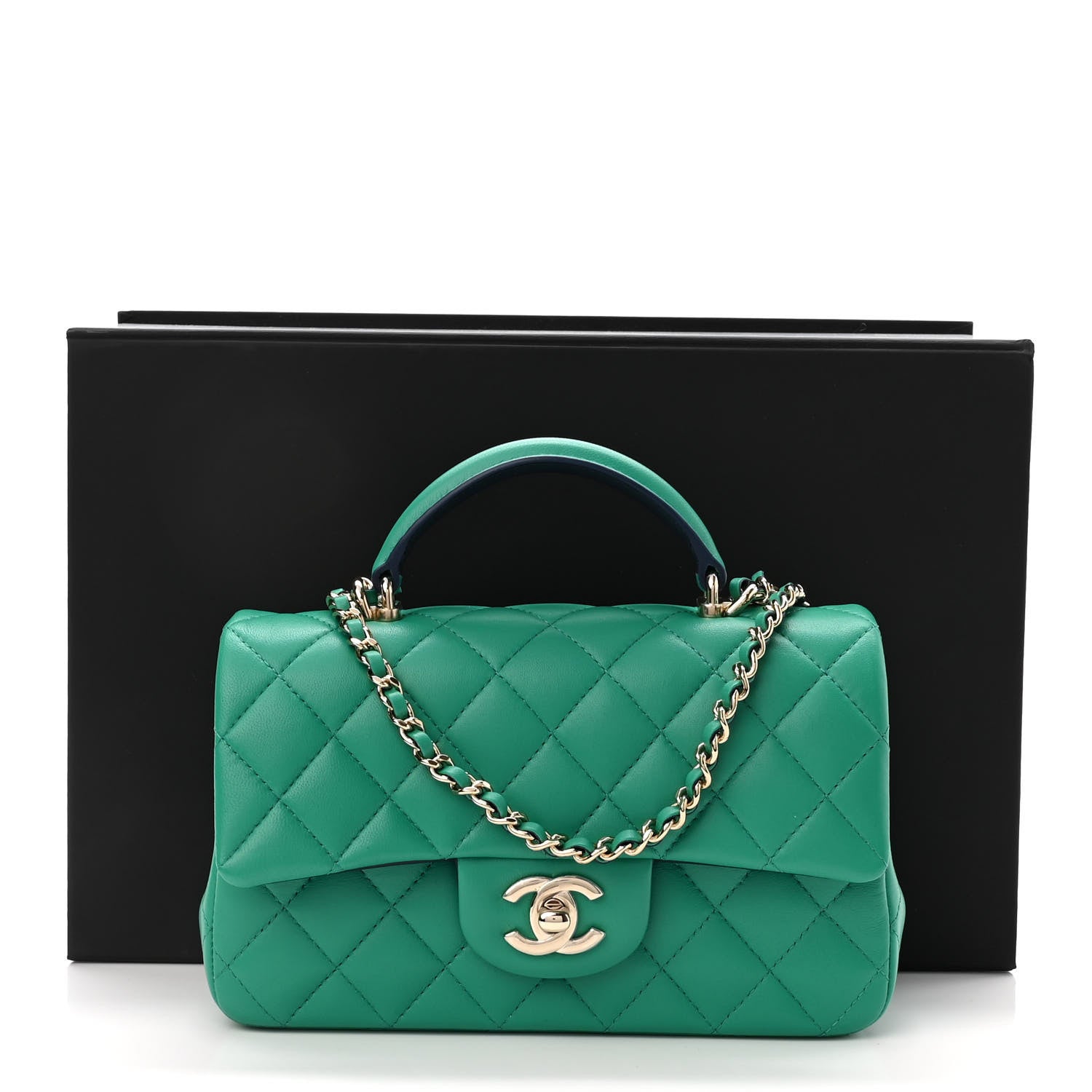 Chanel Lambskin Quilted Bi-Color Mini Top Handle Rectangular Flap Green Dark Blue 11 of 11