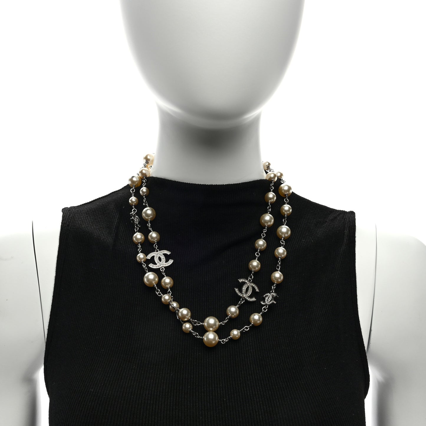 Graduated Pearl Crystal CC Long Necklace Silver