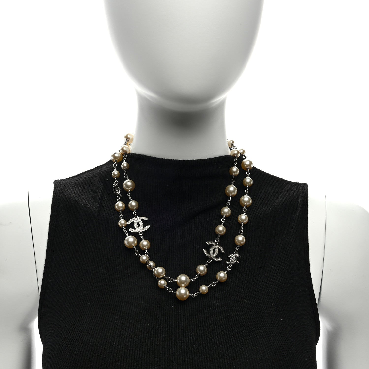 Chanel Graduated Pearl Crystal CC Long Necklace Silver 3 of 4