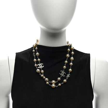 Chanel Graduated Pearl Crystal CC Long Necklace Silver 3 of 4