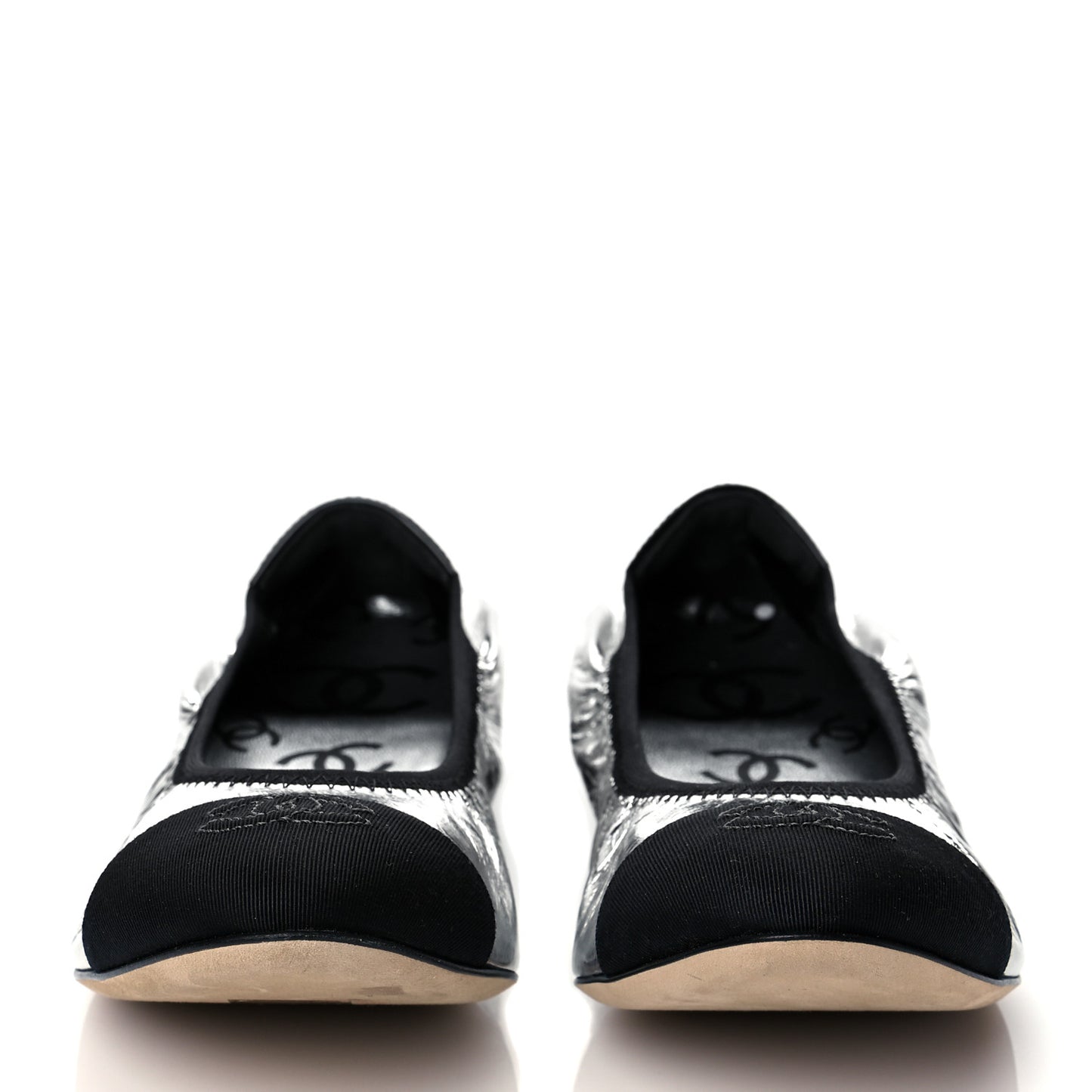 Metallic Laminated Goatskin Patent Grosgrain CC Elastic Cap Toe Ballerina Flats 35.5 Silver Black