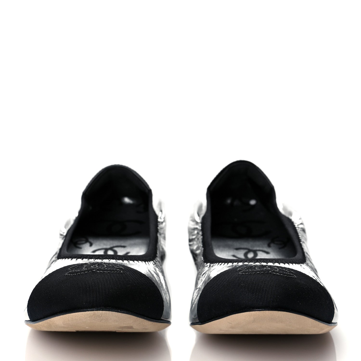 Chanel Metallic Laminated Goatskin Patent Grosgrain CC Elastic Cap Toe Ballerina Flats 35.5 Silver Black 2 of 9