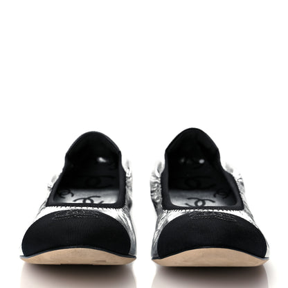 Chanel Metallic Laminated Goatskin Patent Grosgrain CC Elastic Cap Toe Ballerina Flats 35.5 Silver Black 2 of 9