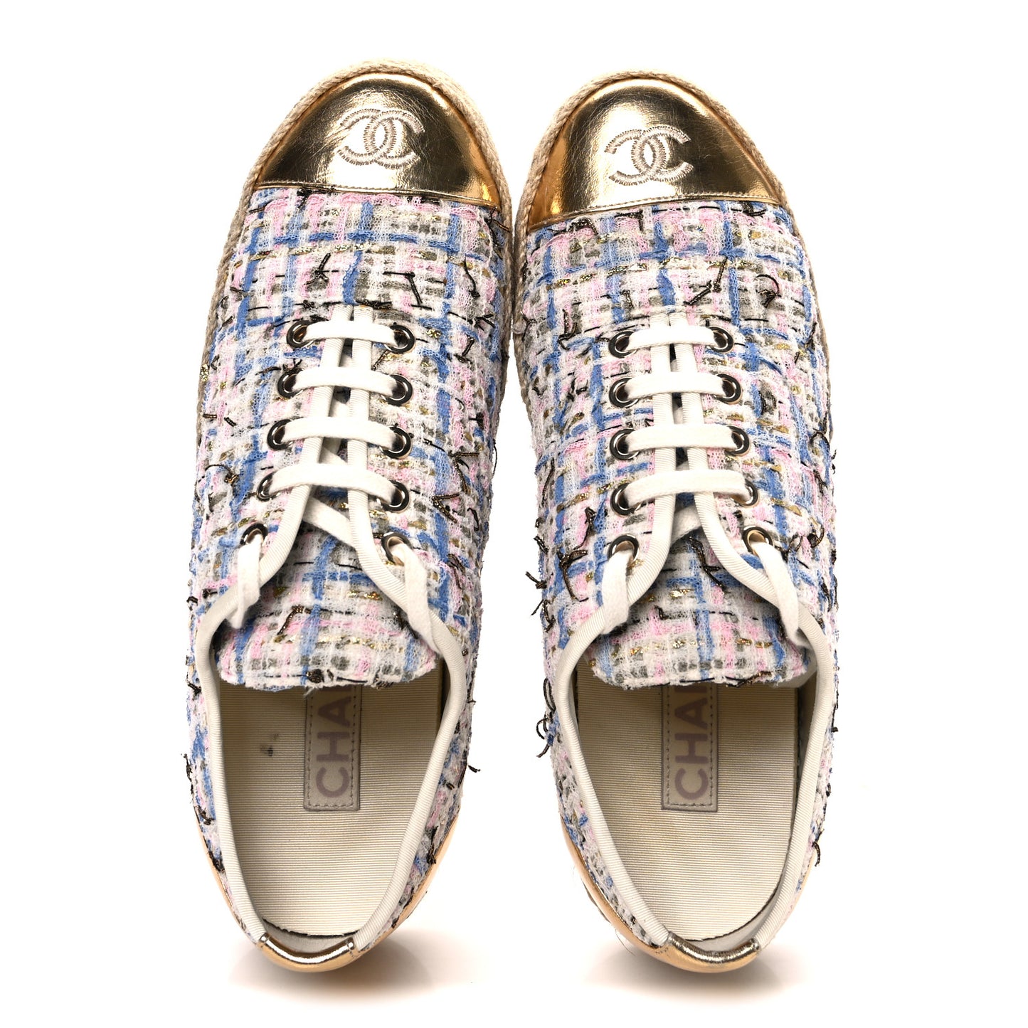 Tweed Laminated Lambskin Lace Up Espadrilles 39 Pink Blue Gold White
