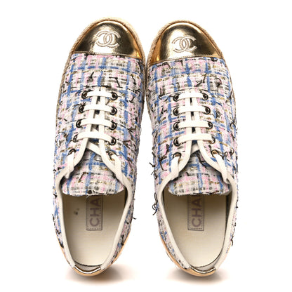 Chanel Tweed Laminated Lambskin Lace Up Espadrilles 39 Pink Blue Gold White 2 of 11