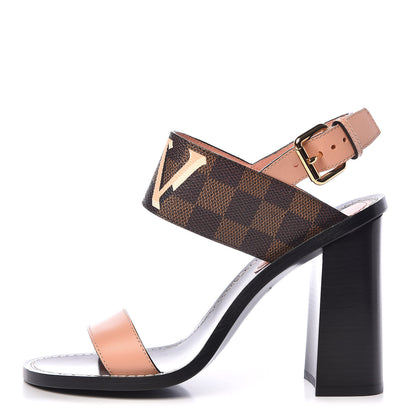 Louis Vuitton Calfskin Damier Ebene Passenger Heeled Sandals 38 1 of 9