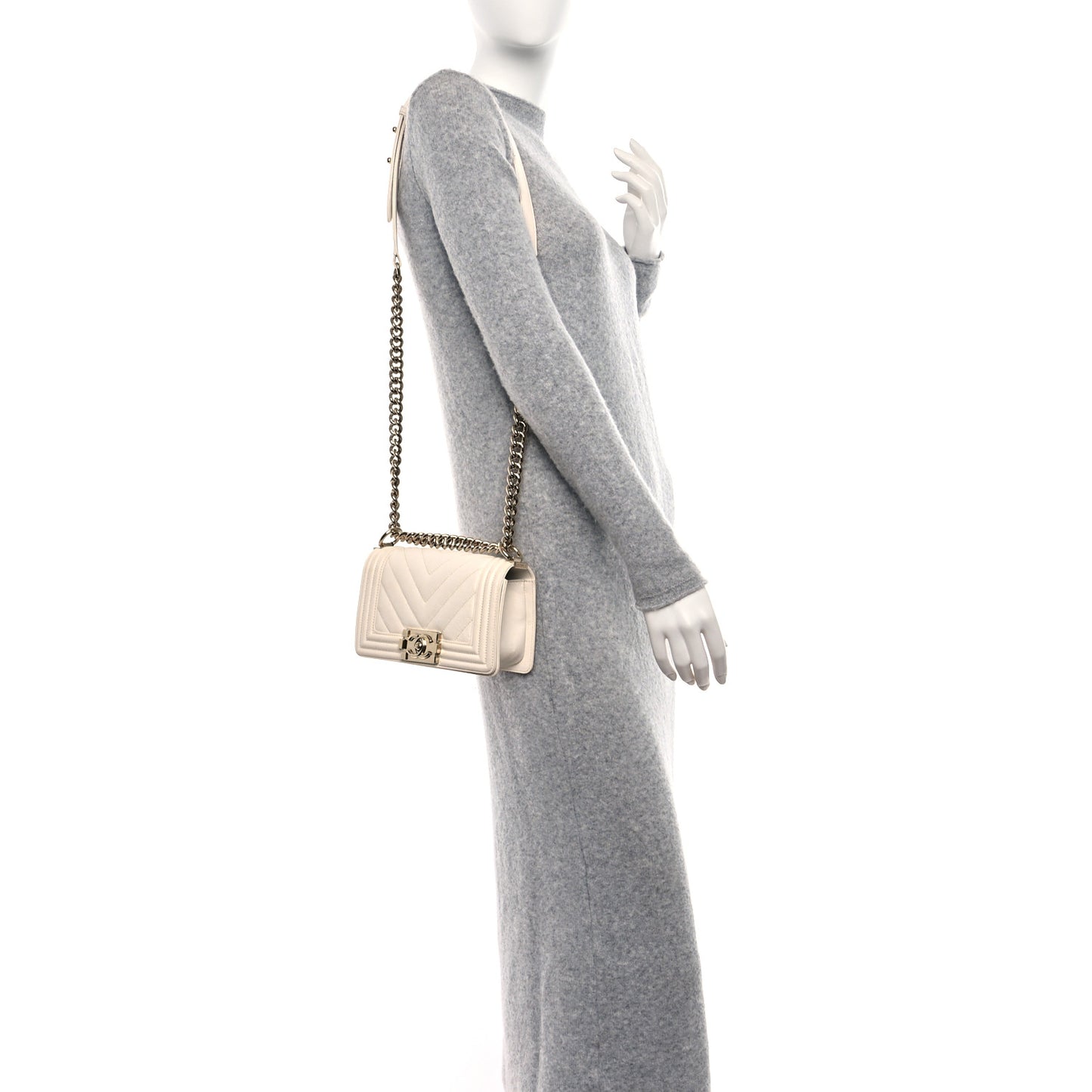 Caviar Chevron Quilted Small Boy Flap White