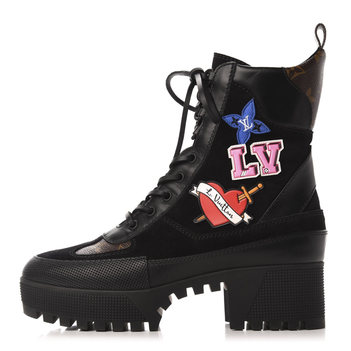 Suede Calfskin Monogram LV Black Heart Laureate Platform Desert Boots 38.5 Black