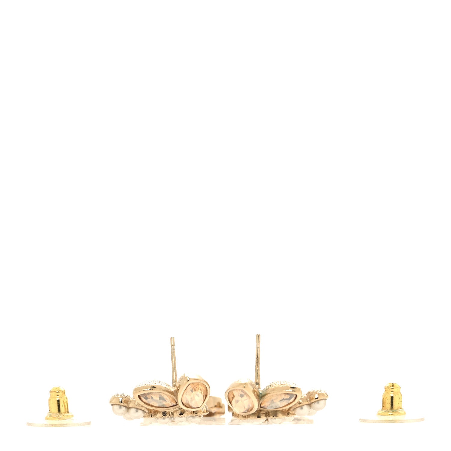 Chanel Pearl Crystal CC Flower Drop Earrings Gold Light Brown Pearly White 3 of 5