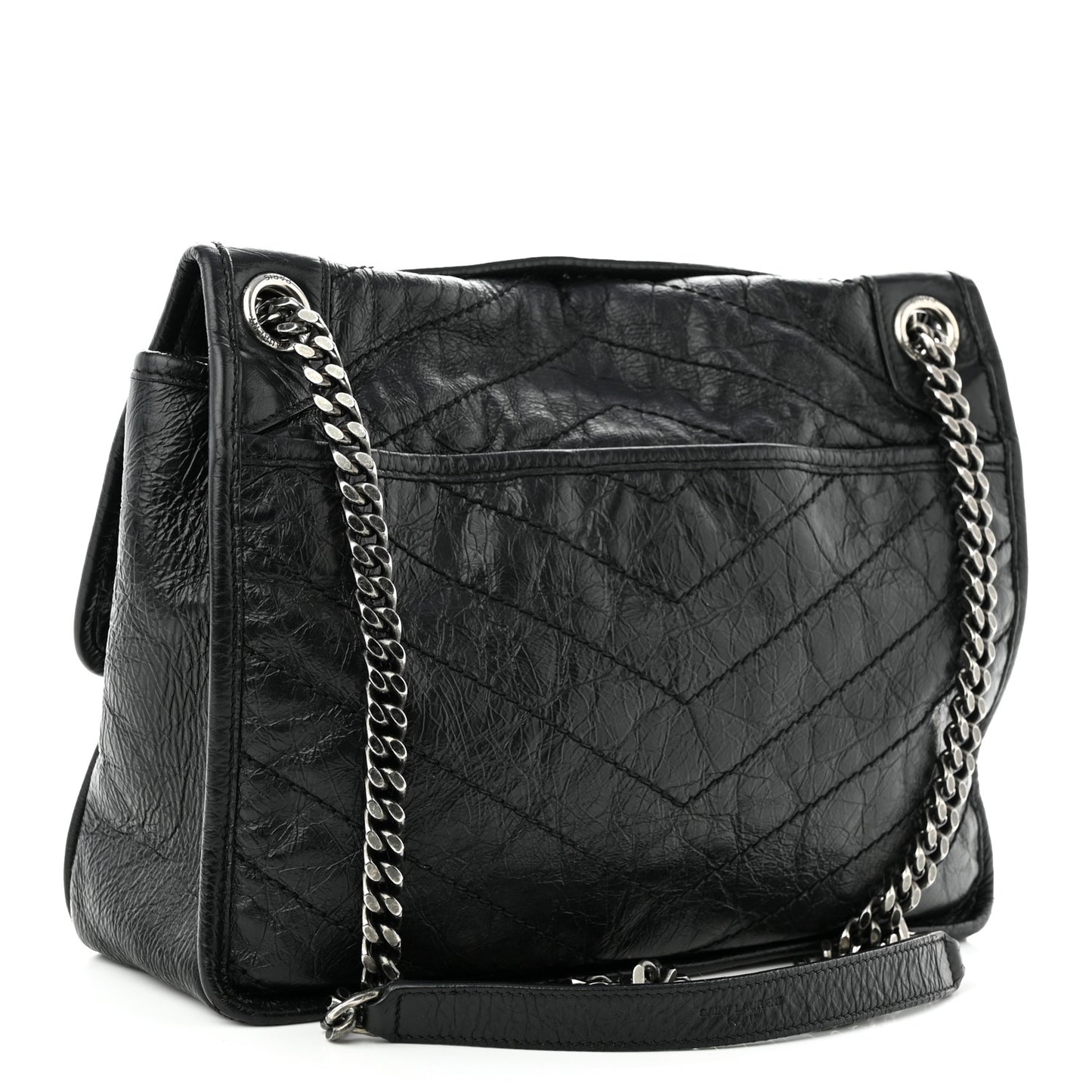 Crinkled Calfskin Matelasse Monogram Large Niki Chain Satchel Black