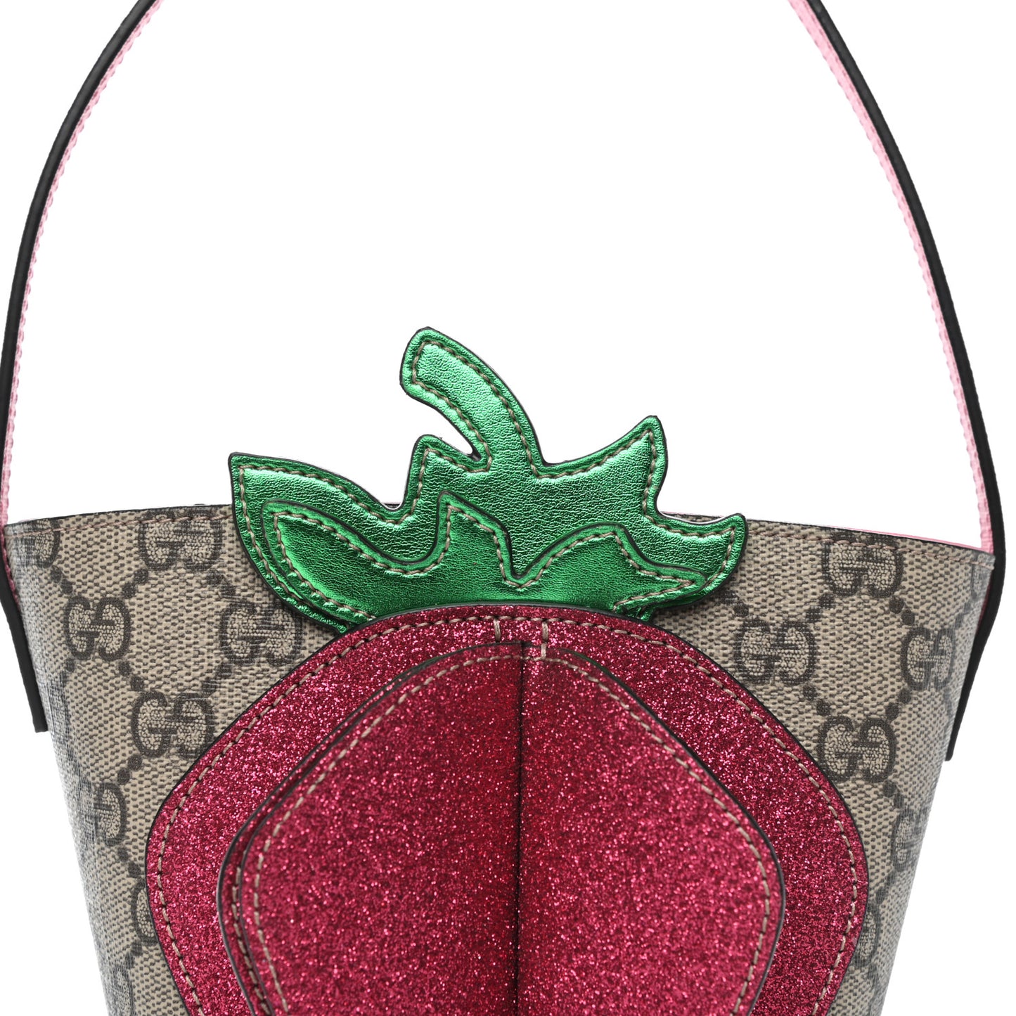 GG Supreme Monogram 3-D Strawberry Childrens Bucket Tote Beige Ebony Lotus Pink Fuxia Emerald