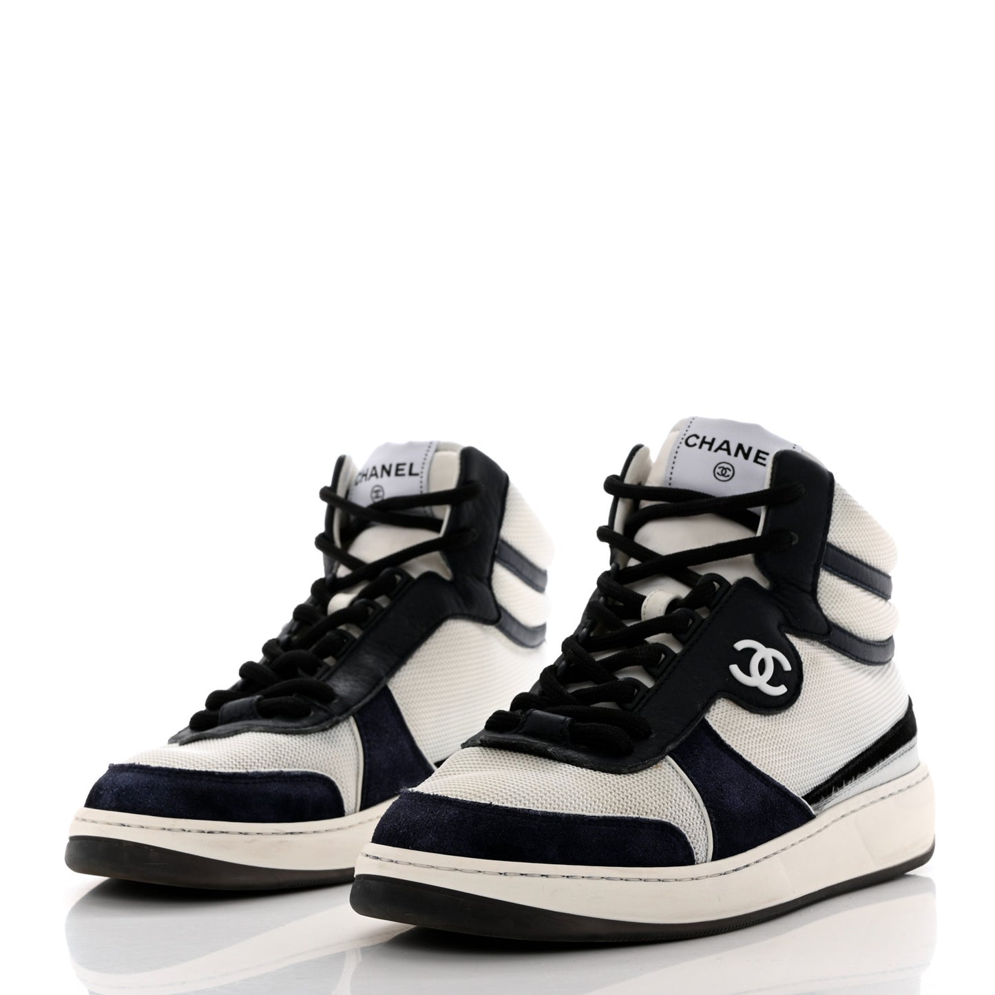 Suede Fabric Grained Calfskin Womens CC High Top Sneakers 39 White Navy