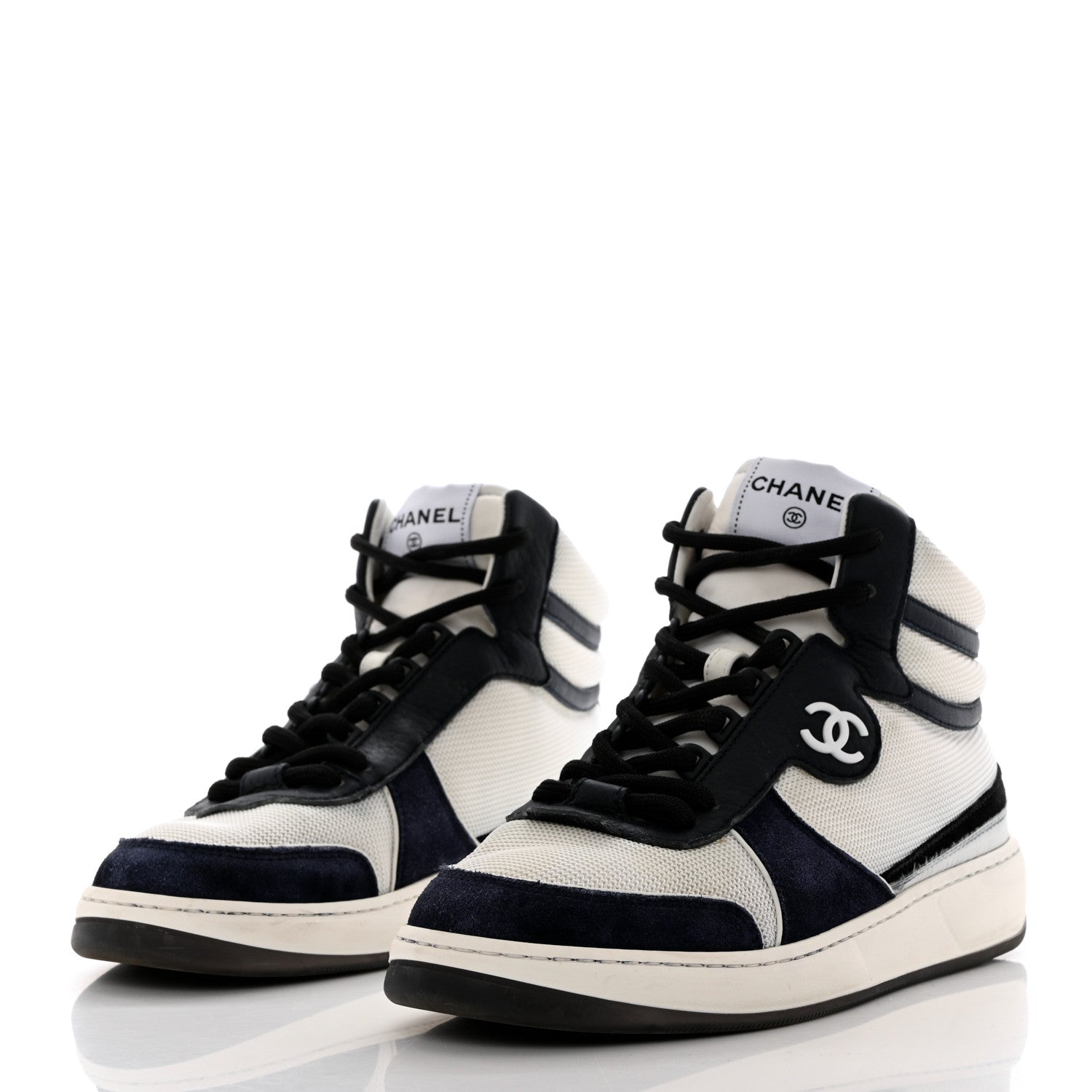 Chanel Suede Fabric Grained Calfskin Womens CC High Top Sneakers 39 White Navy 3 of 15
