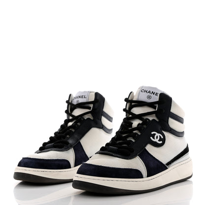 Chanel Suede Fabric Grained Calfskin Womens CC High Top Sneakers 39 White Navy 3 of 15
