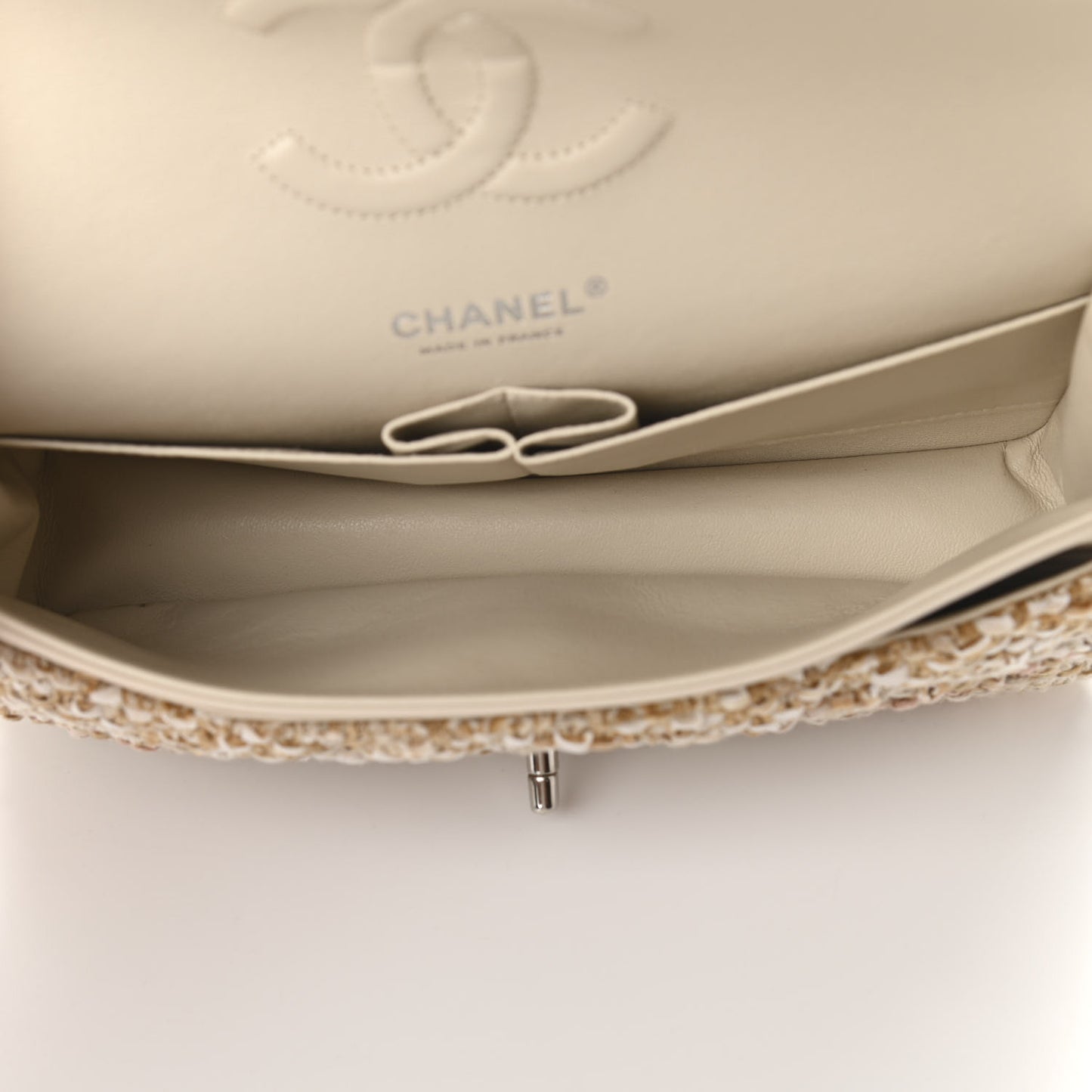 Tweed Quilted Medium Double Flap Beige Ecru Pink