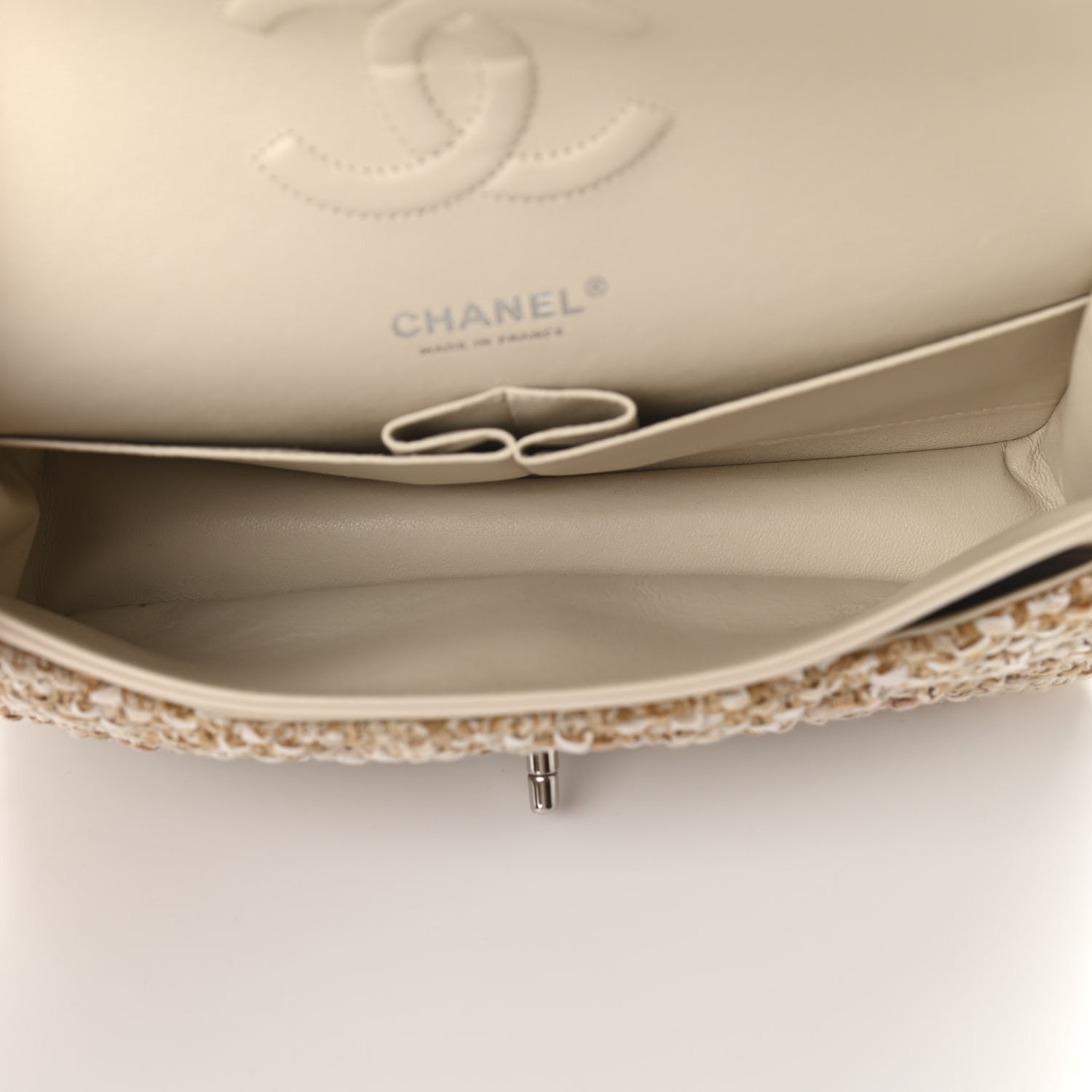 Chanel Tweed Quilted Medium Double Flap Beige Ecru Pink 5 of 11