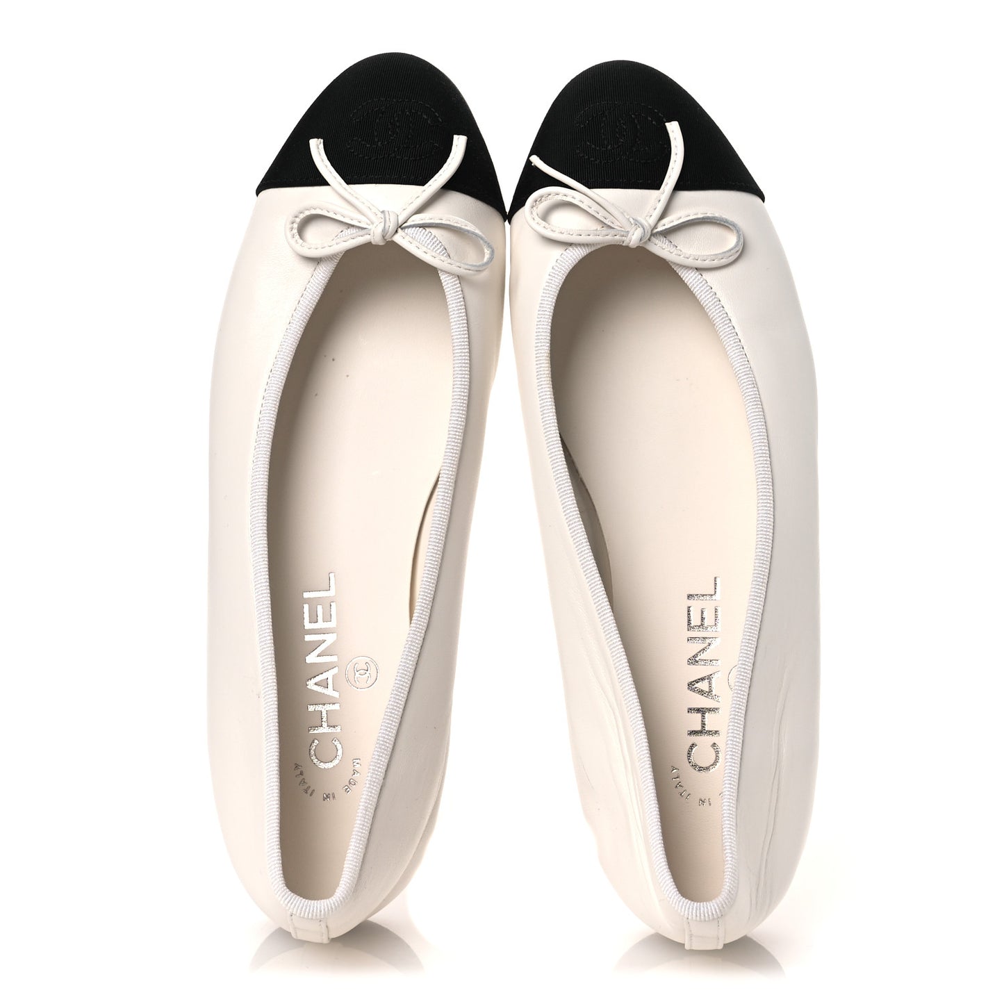 Lambskin Grosgrain Cap Toe CC Ballerina Flats 38 White Black