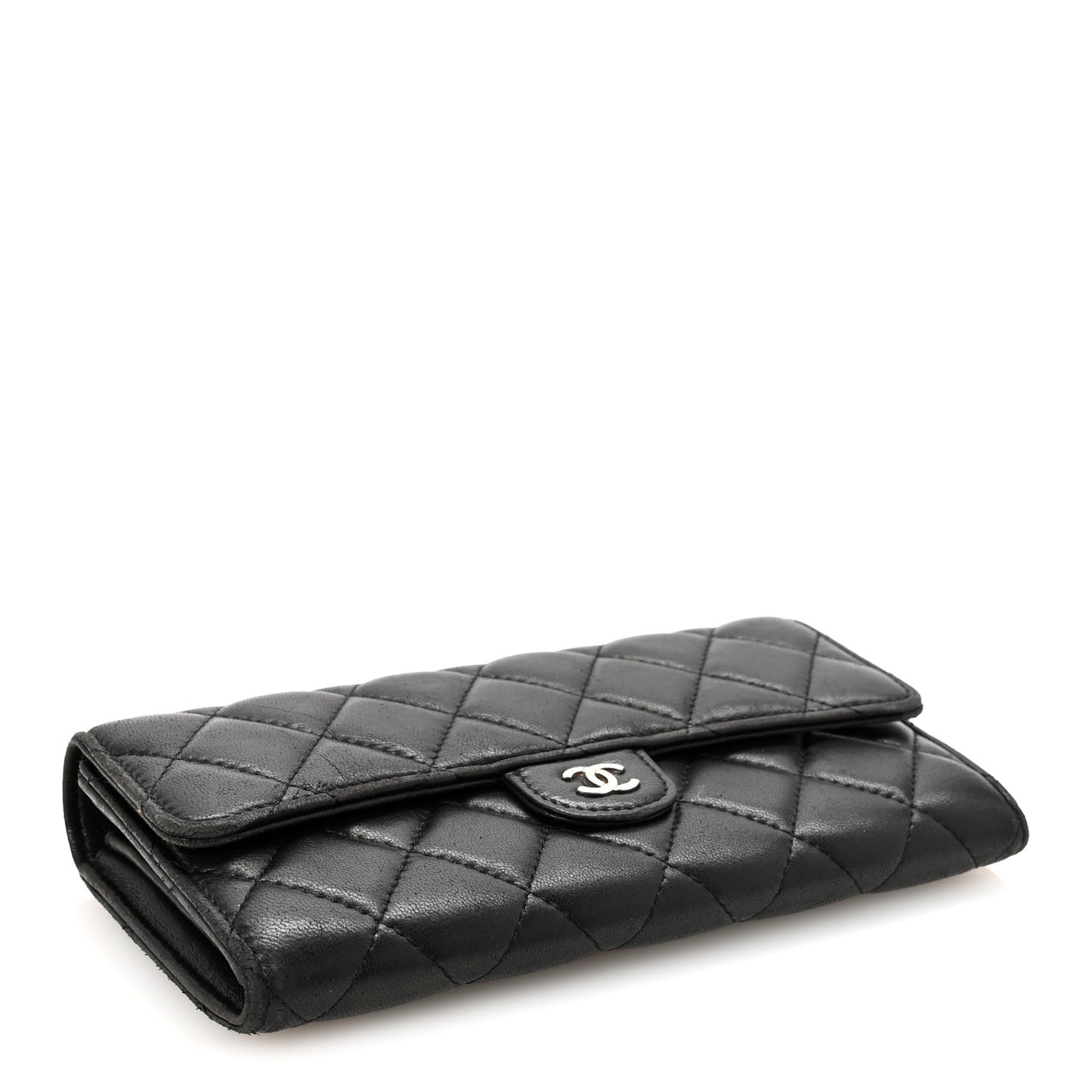 Lambskin Quilted Large Gusset Flap Wallet Black