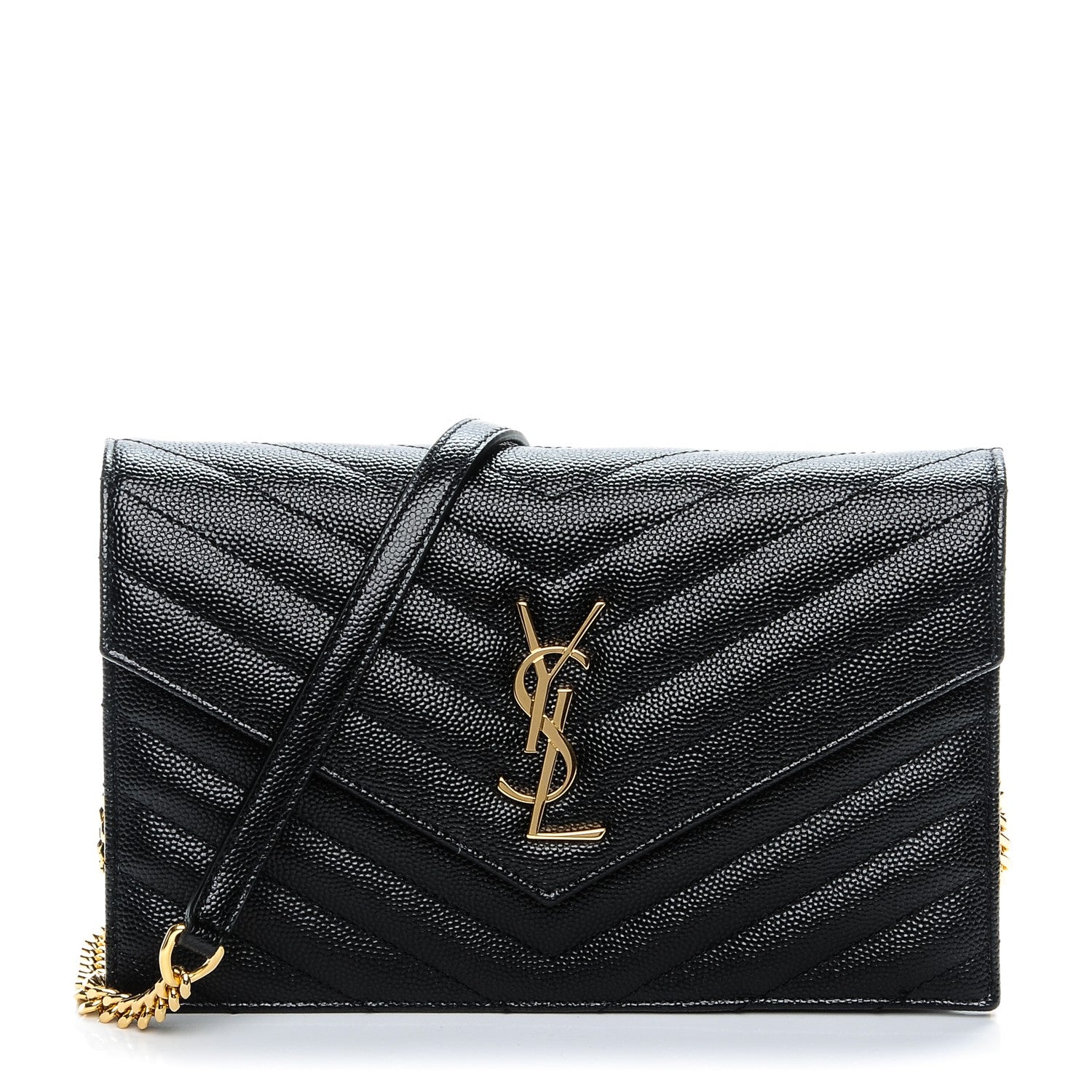 Saint Laurent Grain De Poudre Matelasse Chevron Monogram Chain Wallet Black 1 of 7
