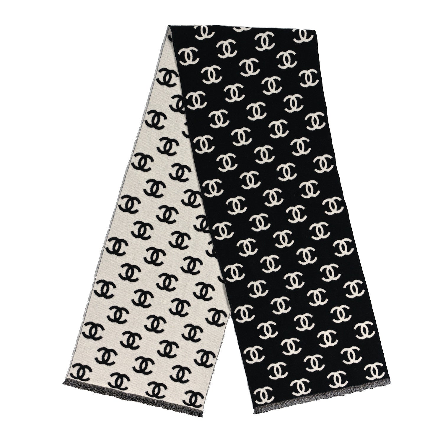 Chanel Wool Cashmere CC Scarf Black White 2 of 4