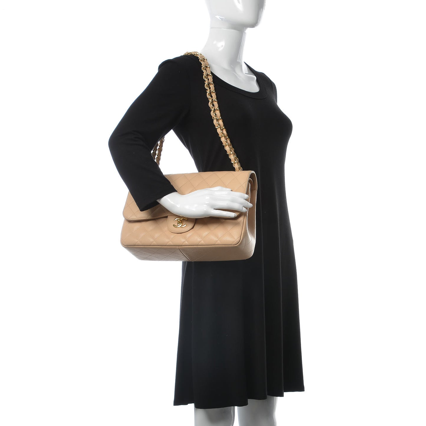 Caviar Quilted Jumbo Double Flap Beige Clair