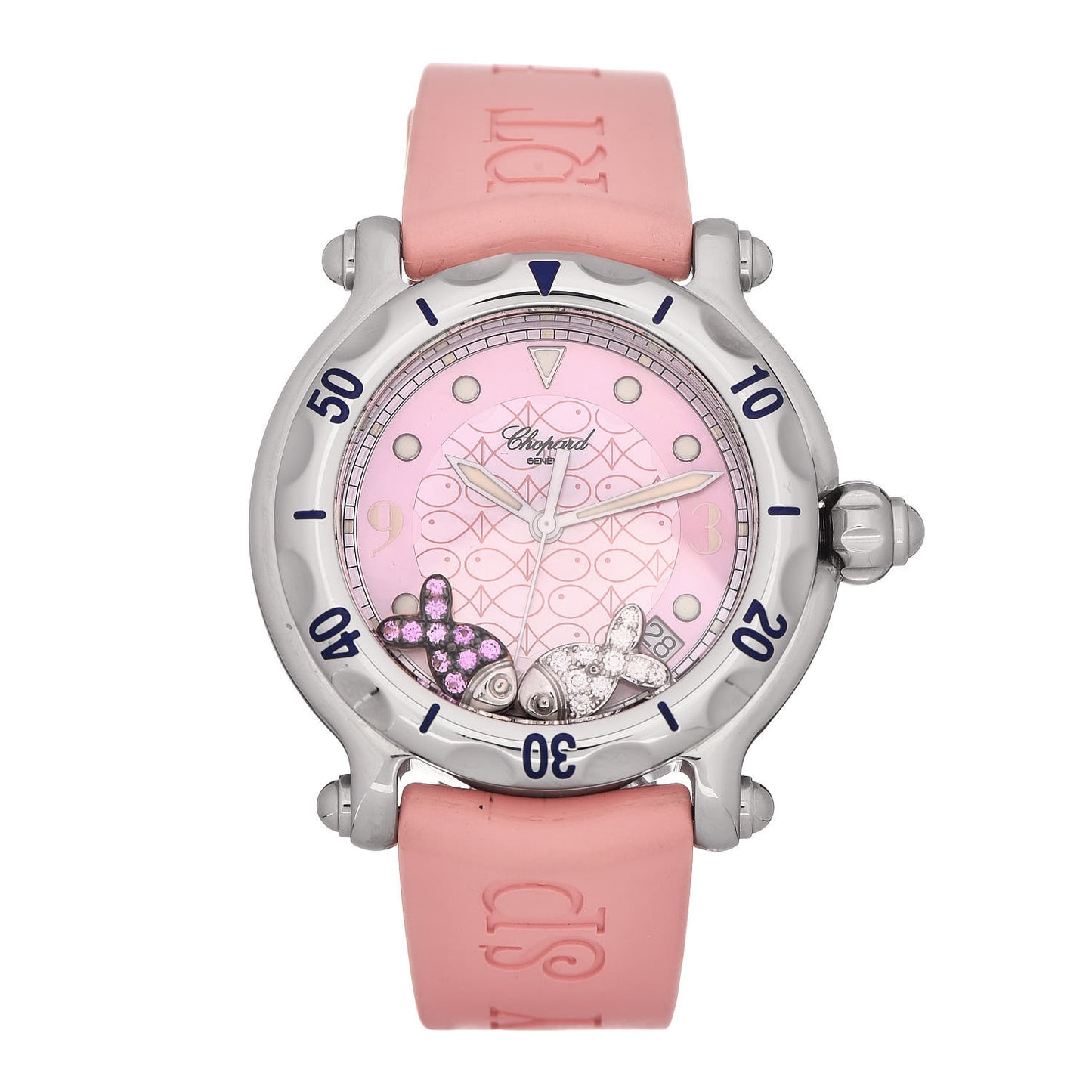 Stainless Steel Rubber Diamond Pink Sapphire Pink Mother of Pearl 38mm Happy Sport Fish Quartz Watch