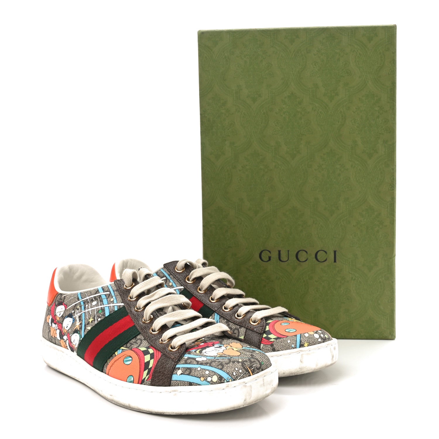 Gucci X DISNEY GG Supreme Monogram Web Donald Duck Womens Ace Sneakers 36.5 Beige New Acero Orange 10 of 11