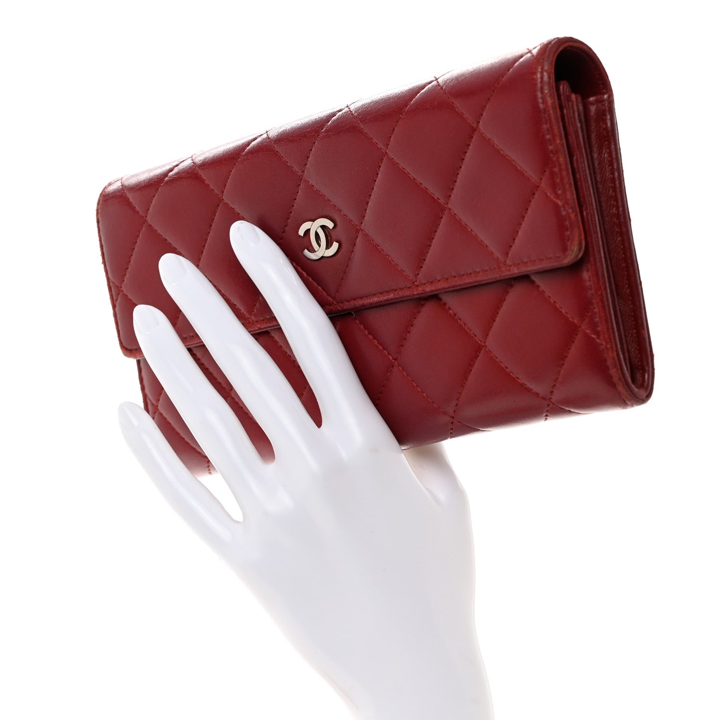 Lambskin Quilted Large Gusset Flap Wallet Red