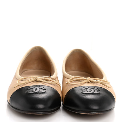Chanel Lambskin Cap Toe CC Ballerina Flats 39 Beige Black 3 of 12