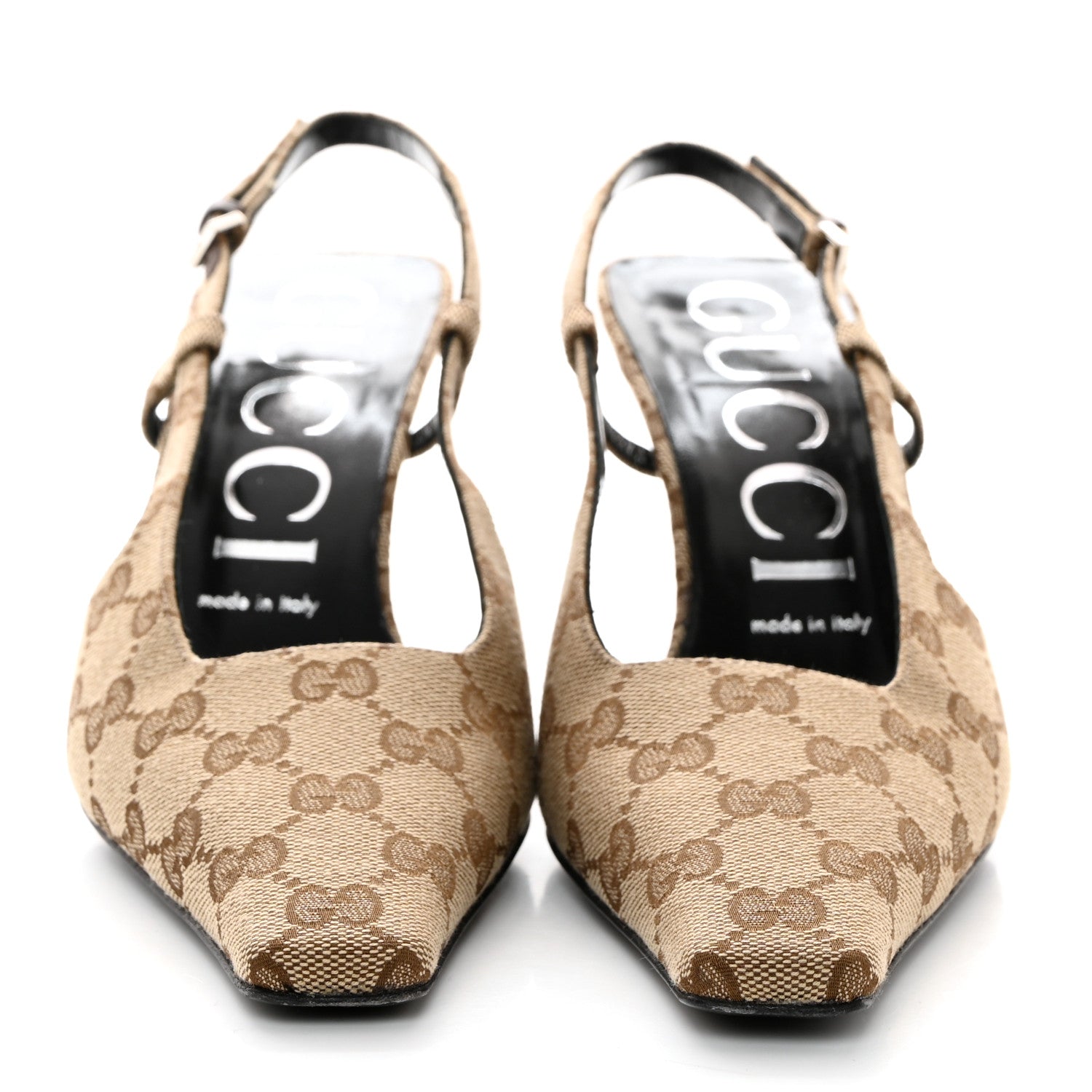 Gucci Monogram Malga Kid Square G 75mm Slingback Pumps 39 Beige Ebony New Acero 2 of 7