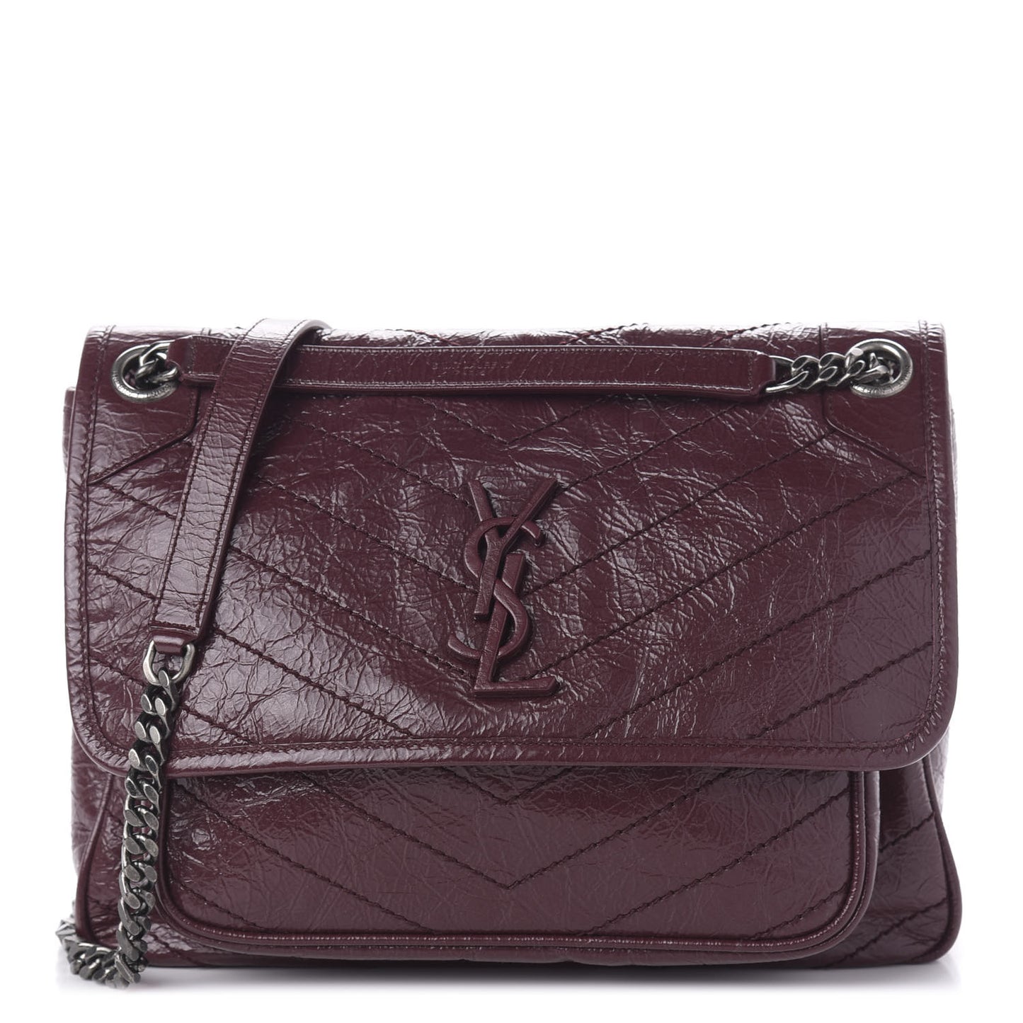 Crinkled Calfskin Matelasse Monogram Medium Niki Chain Satchel Burgundy