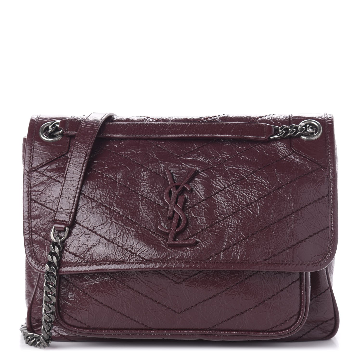 Saint Laurent Crinkled Calfskin Matelasse Monogram Medium Niki Chain Satchel Burgundy 1 of 9