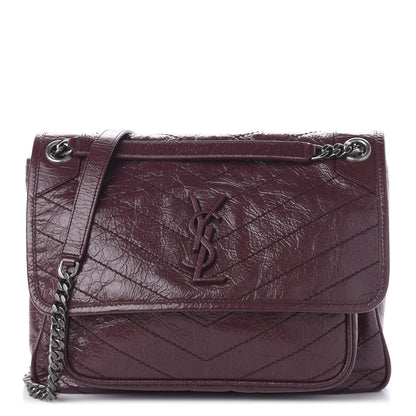 Saint Laurent Crinkled Calfskin Matelasse Monogram Medium Niki Chain Satchel Burgundy 1 of 9
