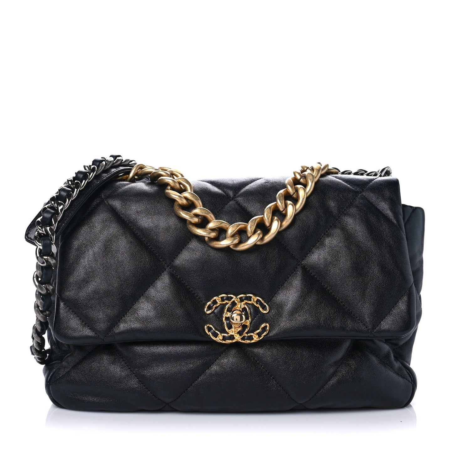 Shiny Goatskin Quilted Large Chanel 19 Flap Black