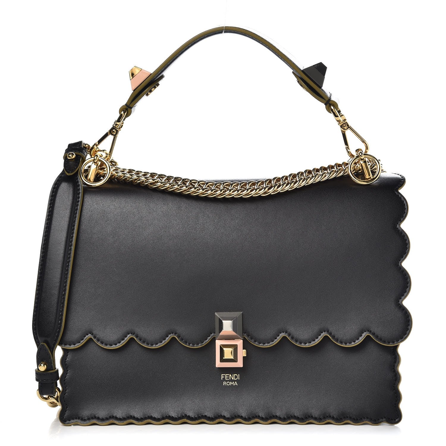 Fendi Vitello Liberty Scalloped Studded Kan I Shoulder Bag Black 1 of 8