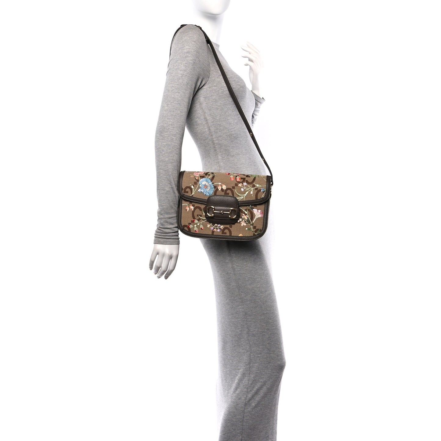 Monogram Jumbo GG Textured Dollar Calfskin Embroidered Horsebit 1955 Shoulder Bag Camel Ebony New Acero Multicolor