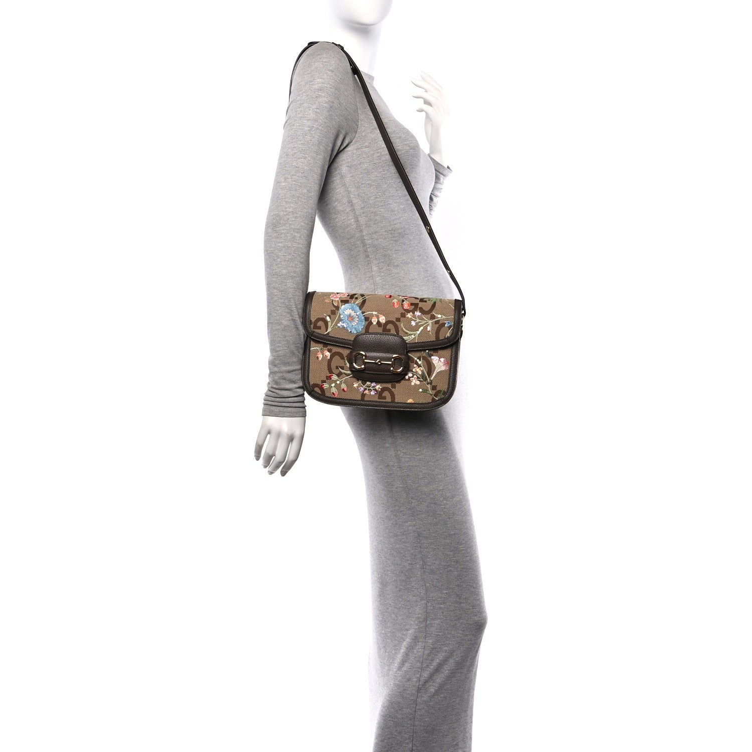 Gucci Monogram Jumbo GG Textured Dollar Calfskin Embroidered Horsebit 1955 Shoulder Bag Camel Ebony New Acero Multicolor 3 of 10