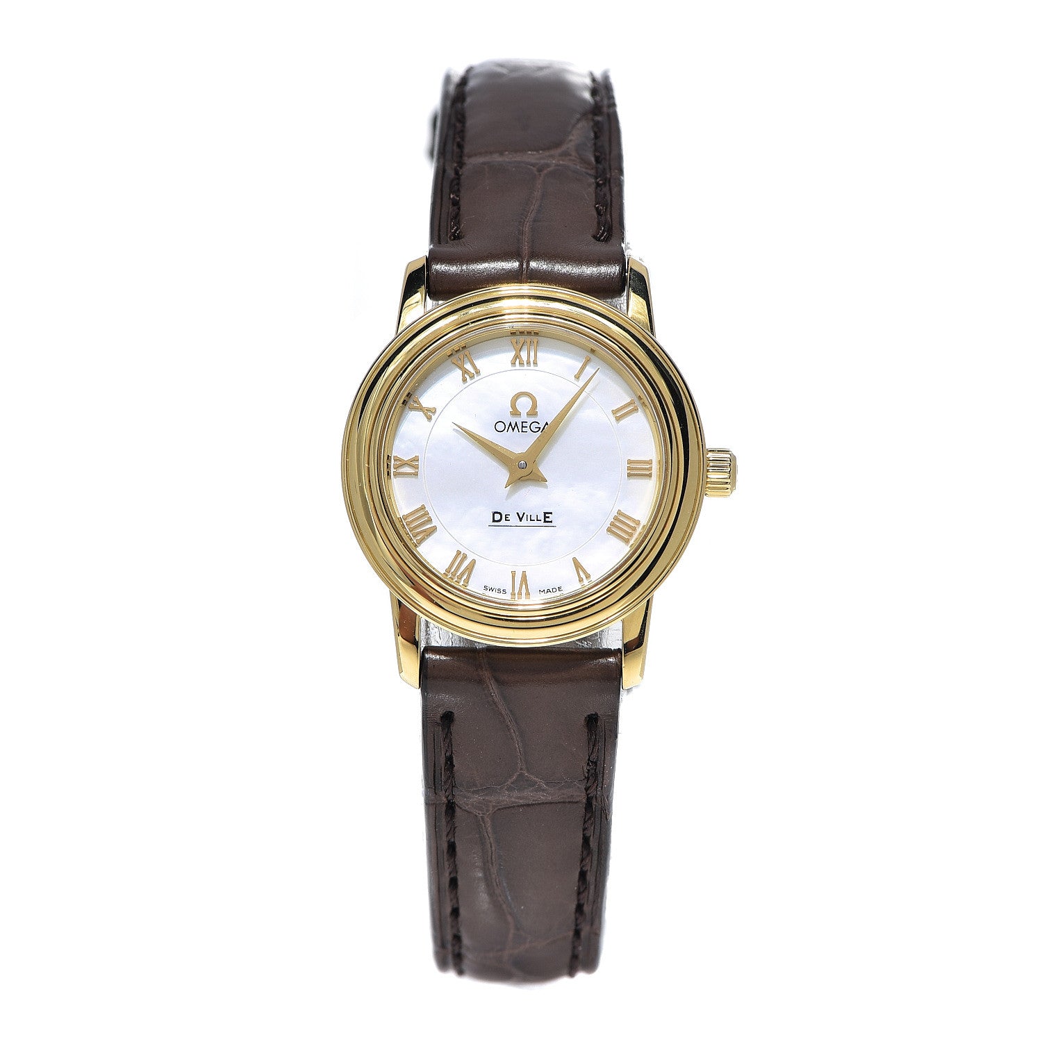 Omega 18K Yellow Gold Crocodile Mother of Pearl 22mm De Ville Prestige Quartz Watch 4670.71.02 1 of 8