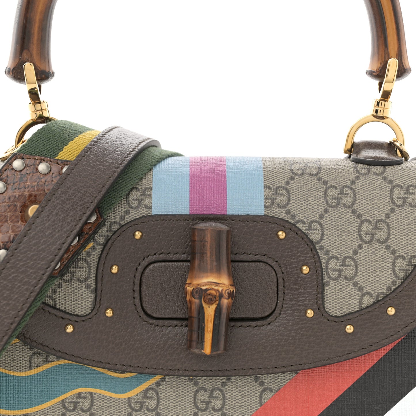 GG Supreme Monogram Studded Calfskin Centum Medium Bamboo 1947 Top Handle Bag Beige Ebony Multicolor