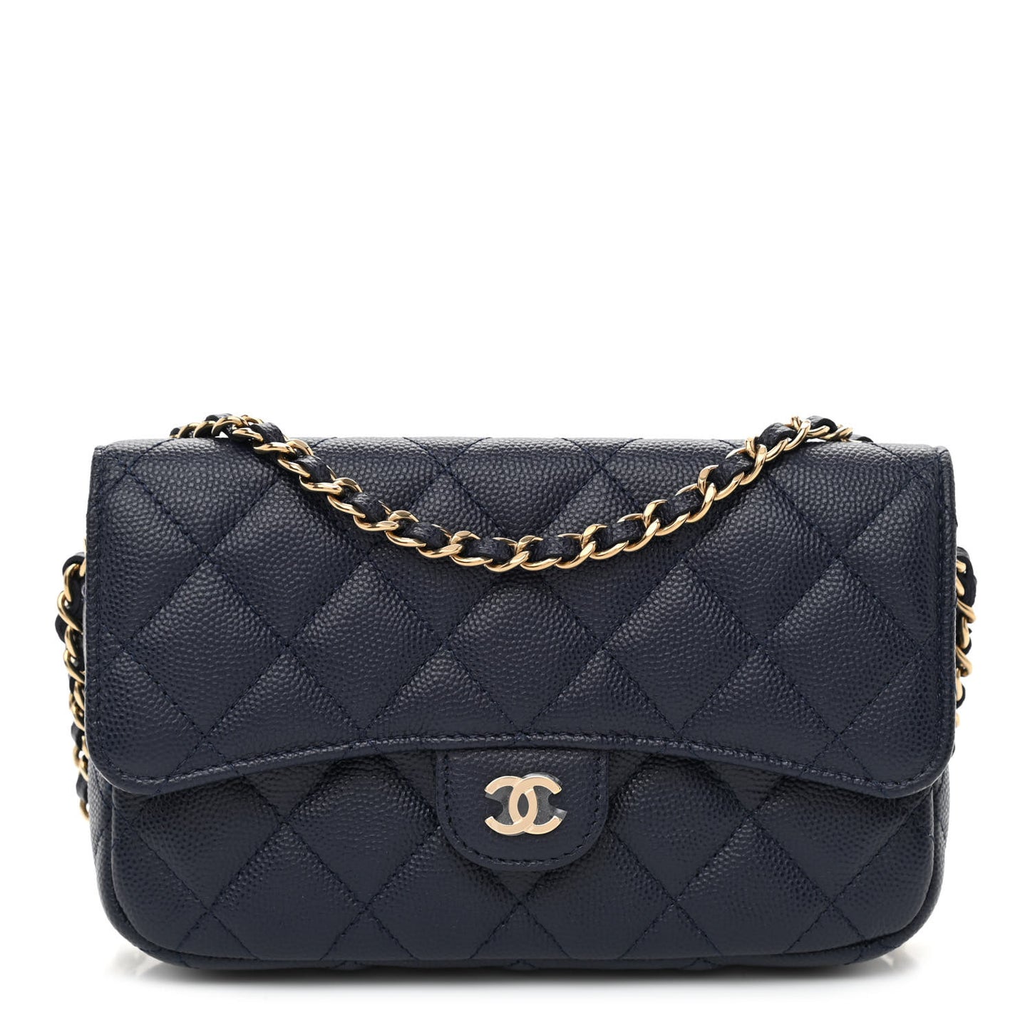 Caviar Quilted Flap Phone Holder With Chain Navy