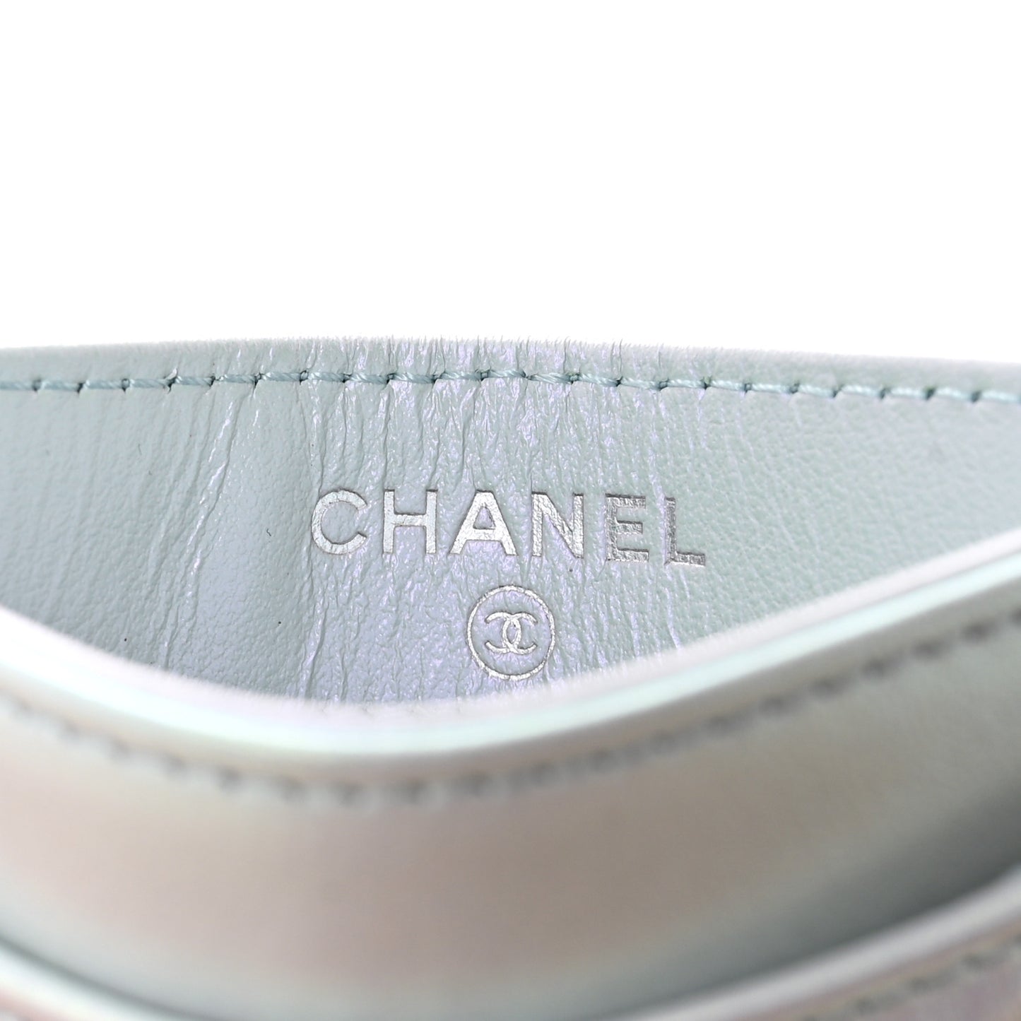 Iridescent Lambskin Quilted Card Holder Light Blue