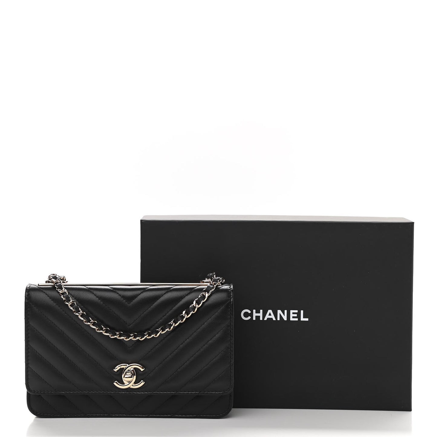 Lambskin Chevron Quilted Trendy CC Wallet On Chain WOC Black