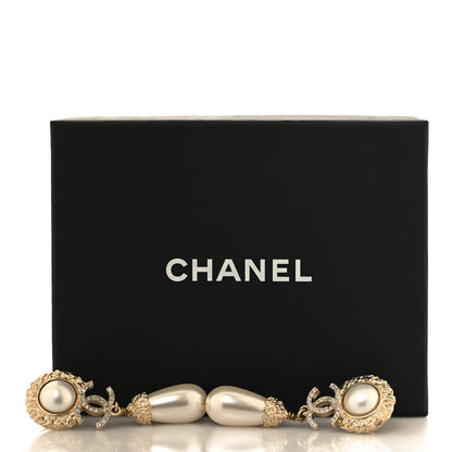 Chanel Metal Pearl Crystal Textured Teardrop CC Drop Earrings Gold 5 of 5
