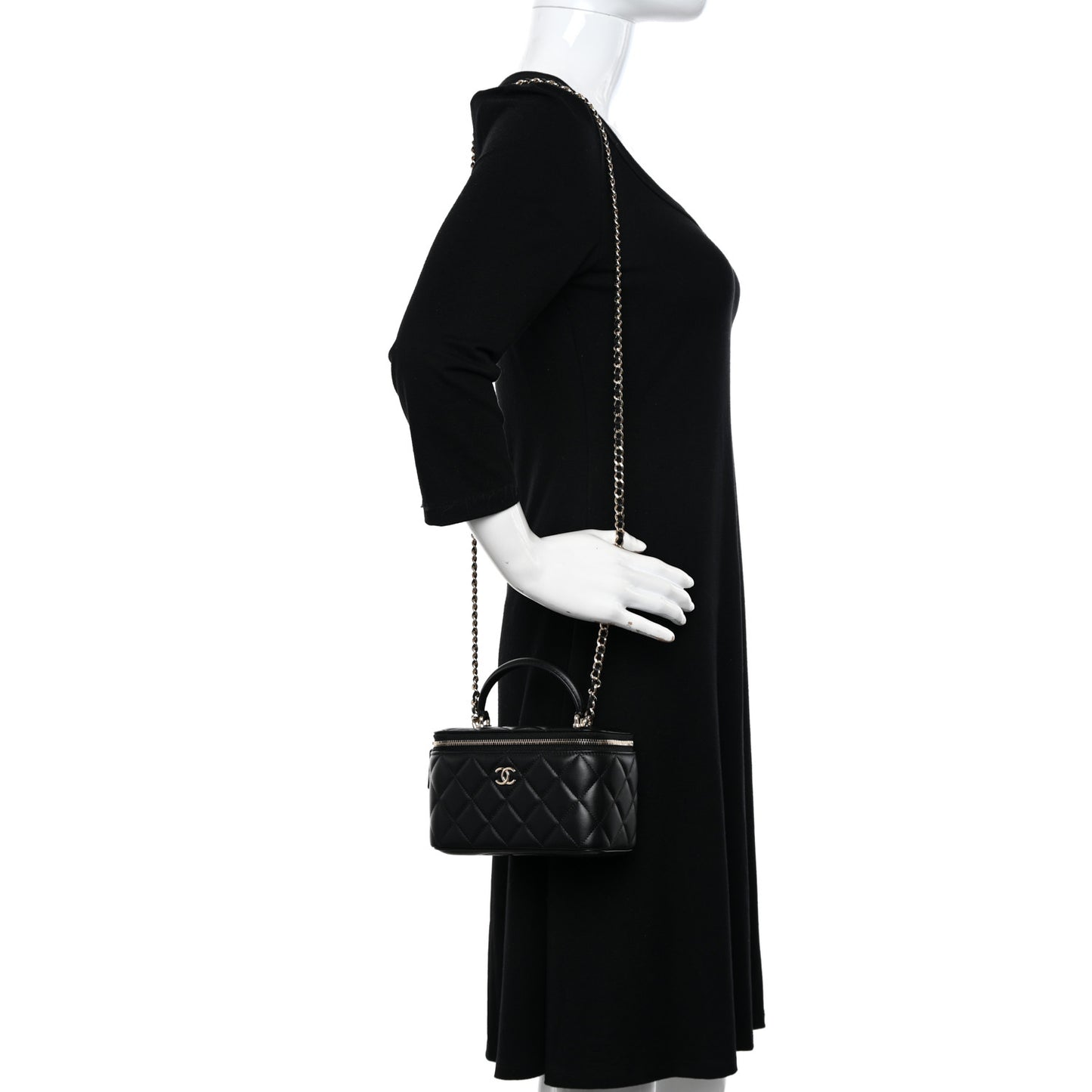 Lambskin Quilted Small Top Handle Vanity Case With Chain Black