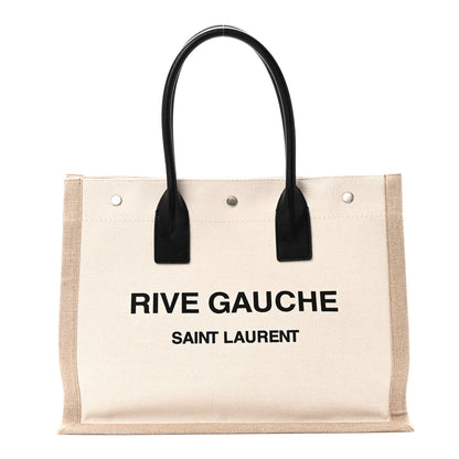 Saint Laurent Linen Calfskin Small Rive Gauche Tote Greggio Natural 1 of 9