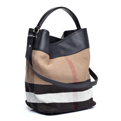 Burberry Grainy Calfskin Canvas Mega Check Medium Ashby Tassel Hobo Black 4 of 11